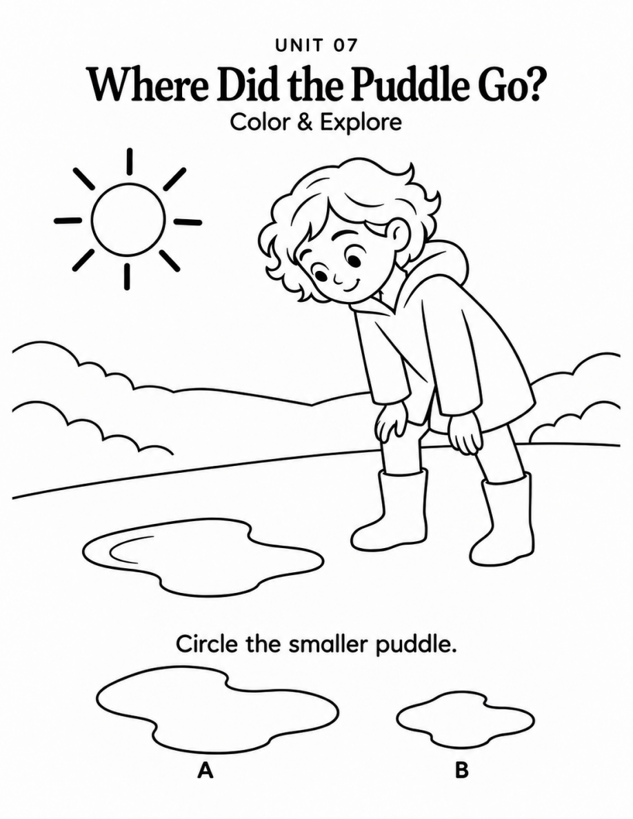 Printable coloring page with Riley beside a puddle, followed by two puddles to compare and circle the smaller one.
