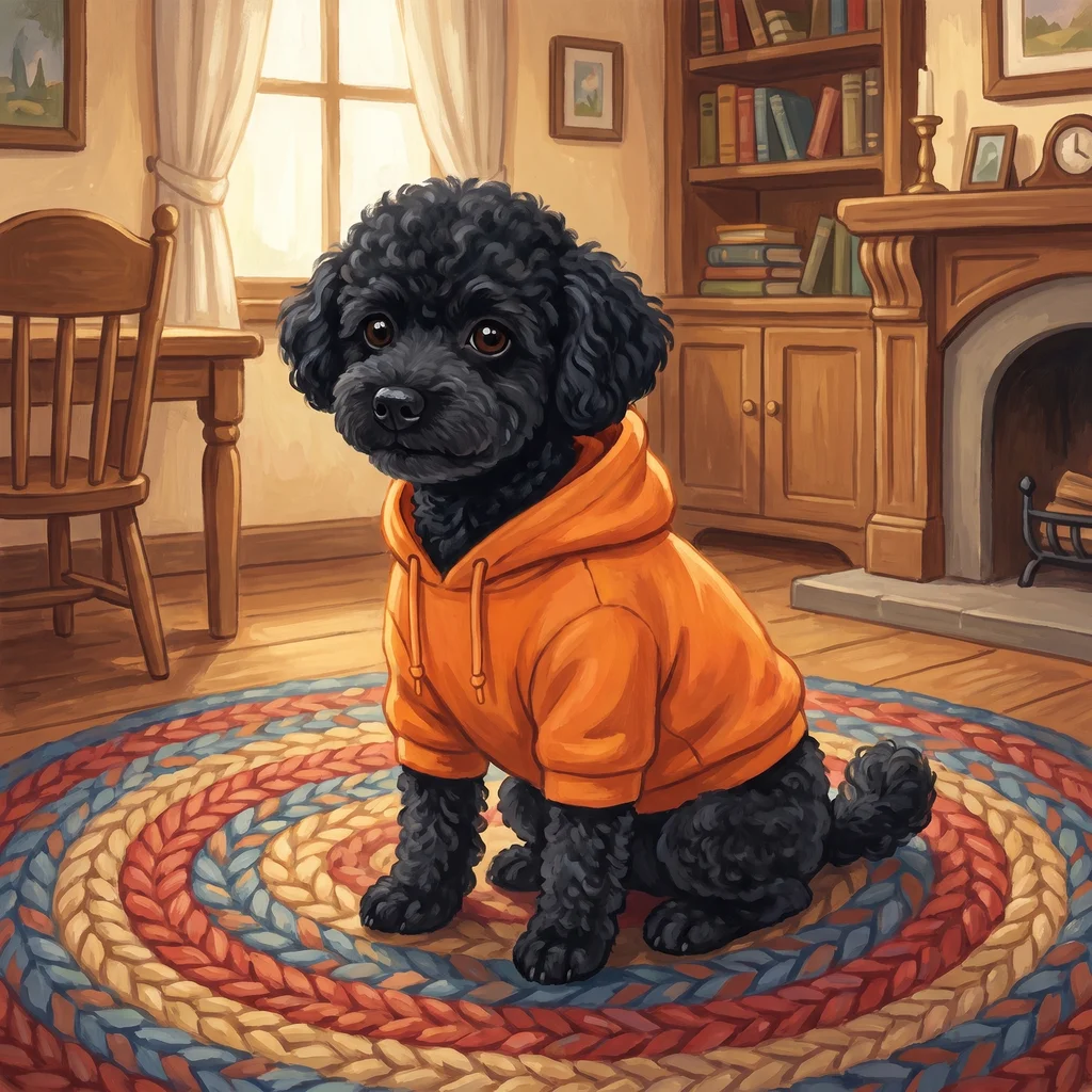 Poodle character wearing an orange hoodie in a cozy room