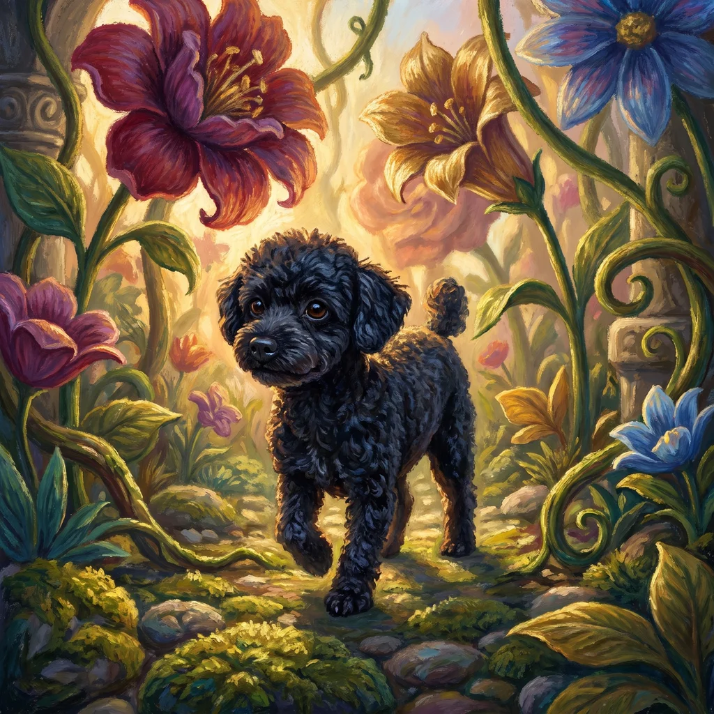 Black poodle in an imaginative woodland scene